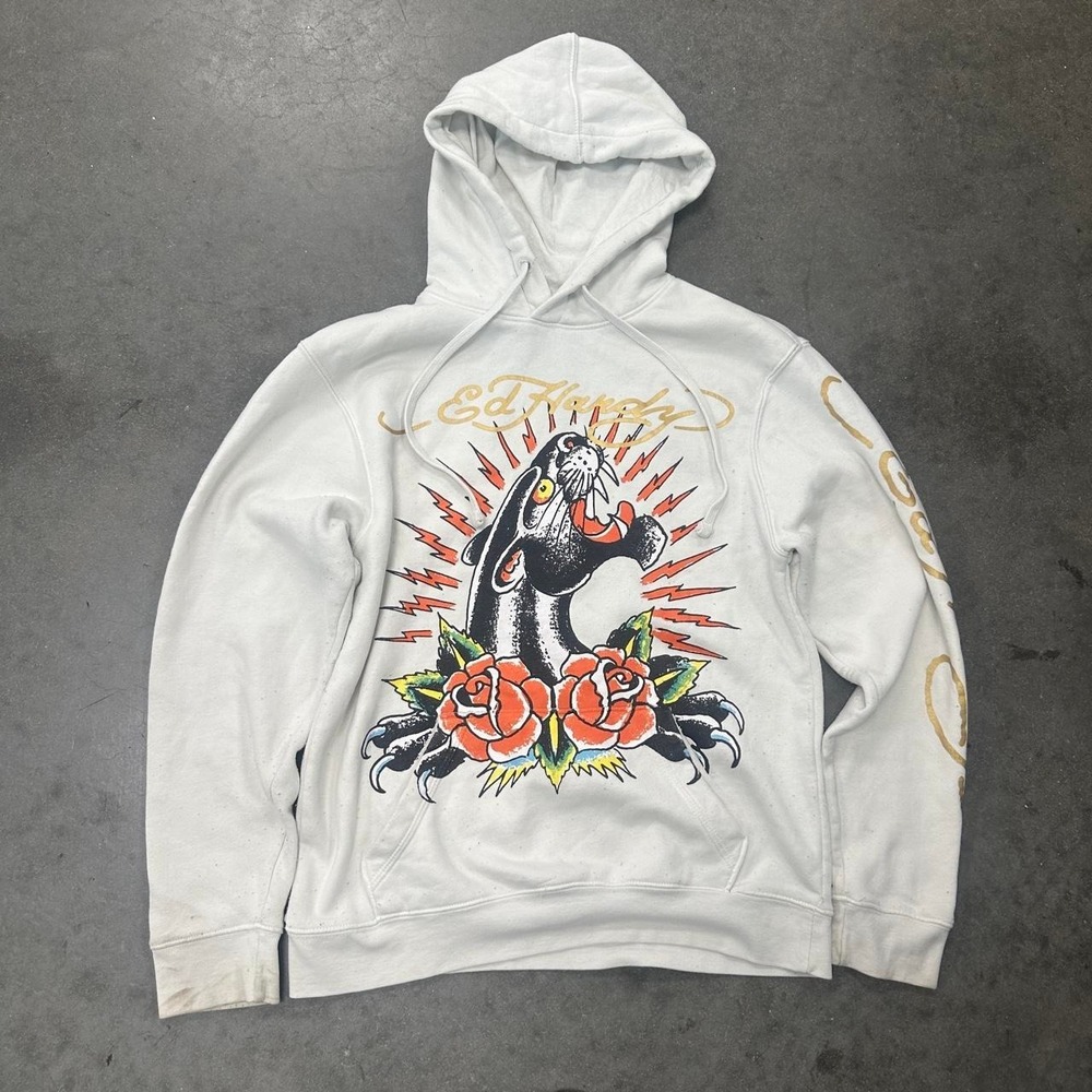 Ed Hardy Y2K white hoodie graphic red roses lightning bolts Size Small